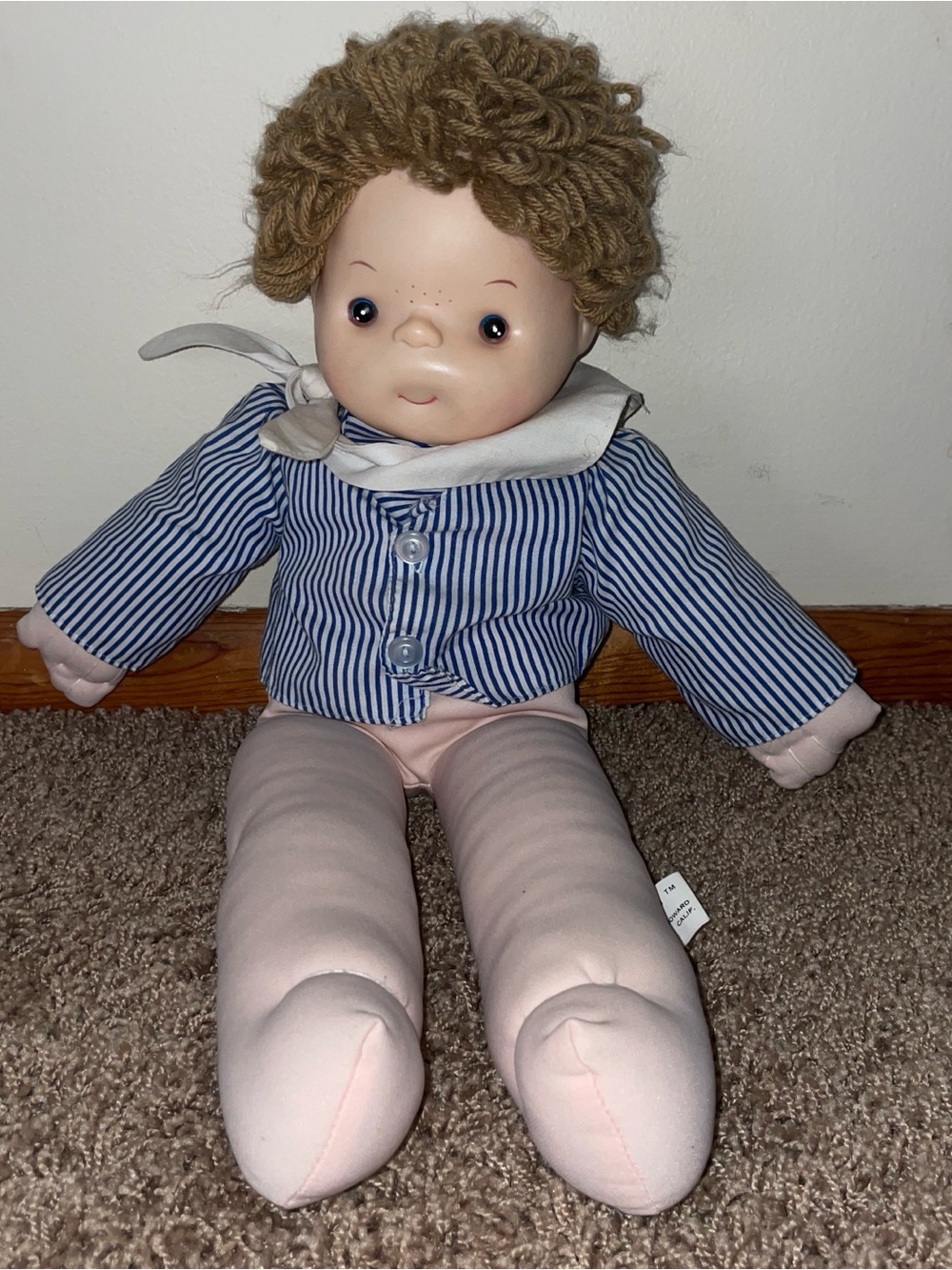 Plush Baby Doll with‎ Blue Striped Jacket and Pink Legs